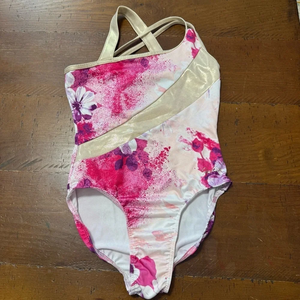 Justice Pink and Gold Floral gymnastics/dance/tumbling leotard. Preowned